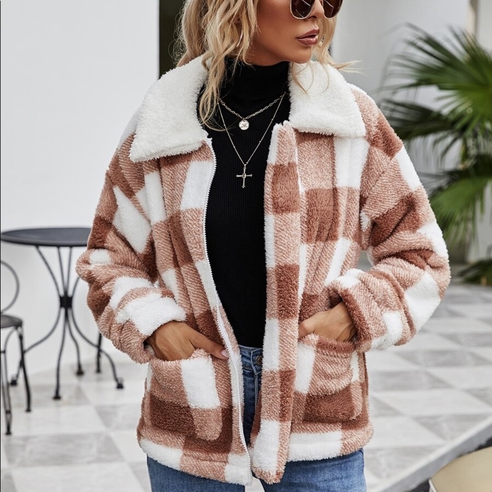 Brown white plaid collar pocket fall teddy coat - Picture 3 of 6